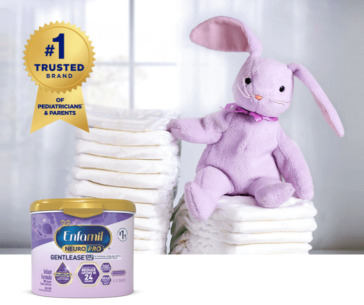 Purple bunny sitting on a stack of diapers next to a tub of NeuroPro Gentlease