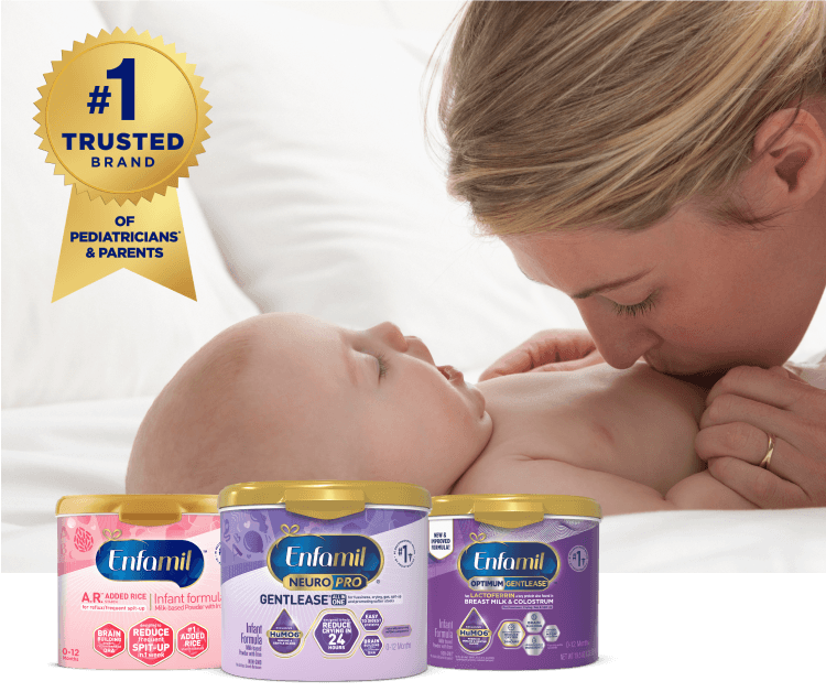 Formula for Tummy Troubles Enfamil #1 Trusted Brand of Pediatriacians and Parents, mom kissing baby belly