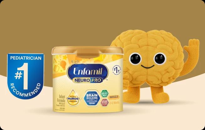 Brainy with tub of Enfamil NeuroPro Infant formula and #1 Pediatrician Recommended
