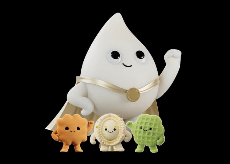 Plush characters of a milk droplet, lactoferrin, MFGM and prebiotics