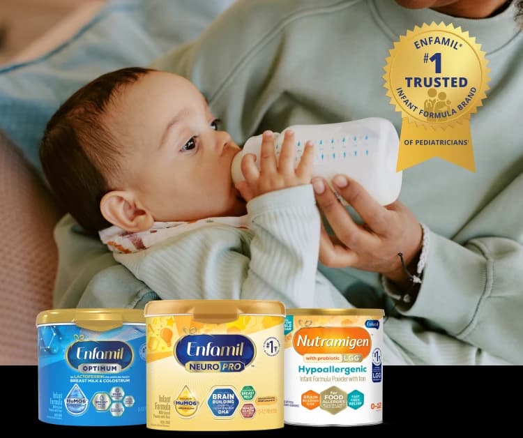 Infant drinking a bottle and a lineup of of Enfamil's Infant formulas that are the #1 trusted brand of pediatricians