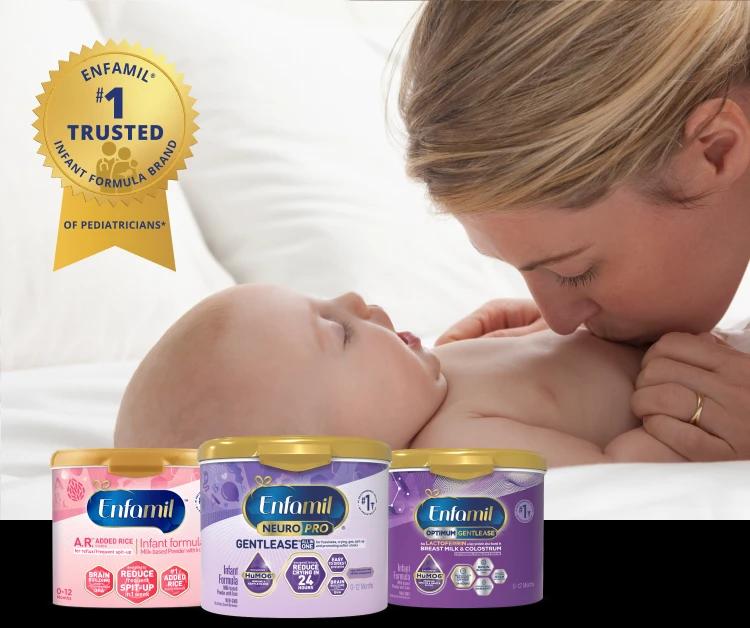 Formula for Tummy Troubles Enfamil #1 Trusted Brand of Pediatriacians and Parents, mom kissing baby belly