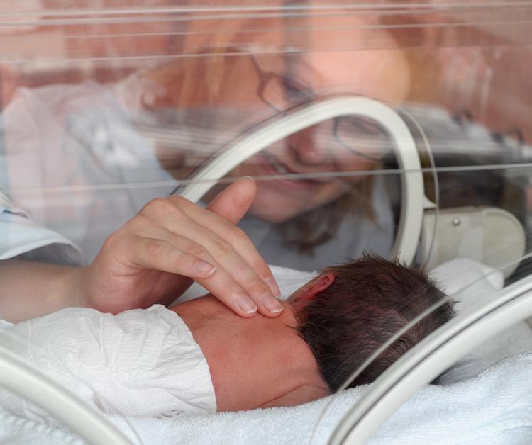 Baby laying in a bed in the NICU with a parent touching their back