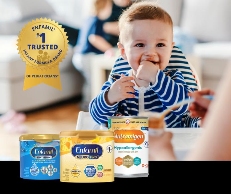 Smiling infant and a lineup of of Enfamil's Infant formulas that are the #1 trusted brand of pediatricians