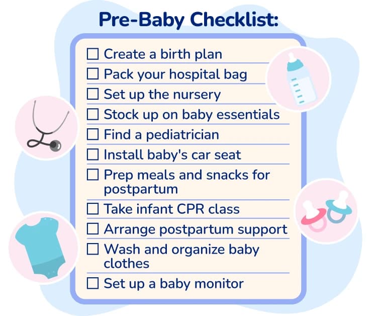 Pre-baby checklist infographic. Content can be found under heading “You Pre-Baby Checklist at a Glance”