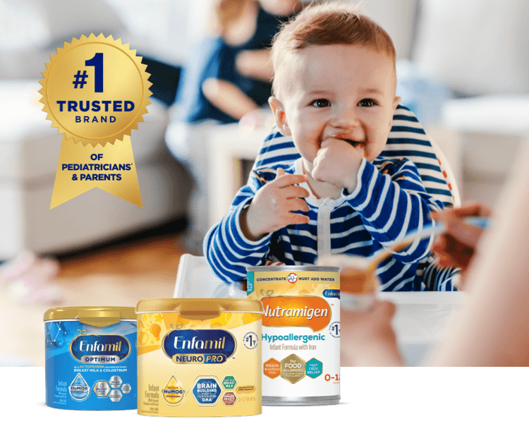 Smiling infant and a lineup of of Enfamil's Infant formulas that are the #1 trusted brand of pediatricians and parents