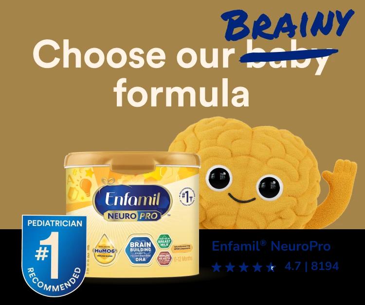 Brainy with tub of Enfamil NeuroPro Infant and #1 Pediatrician Recommended
